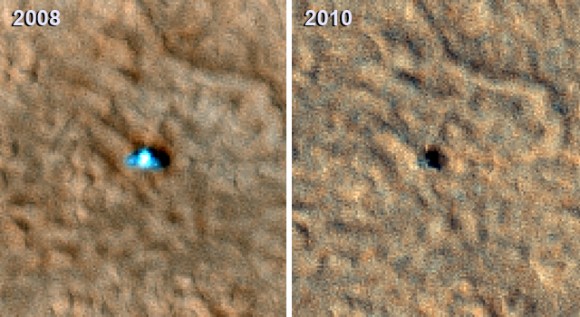 Two images of the Phoenix Mars lander taken from Martian orbit in 2008 and 2010. The 2008 lander image shows two relatively blue spots on either side corresponding to the spacecraft's clean circular solar panels. In the 2010 image scientists see a dark shadow that could be the lander body and eastern solar panel, but no shadow from the western solar panel. Image credit: NASA/JPL-Caltech/University of Arizona