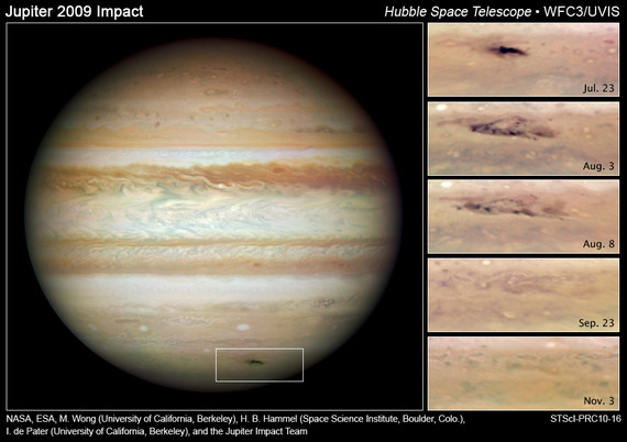 These NASA Hubble Space Telescope snapshots reveal an impact scar on Jupiter fading from view over several months between July 2009 and November 2009. Credit: NASA, ESA, M. H. Wong (University of California, Berkeley), H. B. Hammel (Space Science Institute, Boulder, Colo.), I. de Pater (University of California, Berkeley), and the Jupiter Impact Team