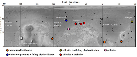 Locations of nine exposures of hydrated silicate in northern plain craters, shown on a Mars Orbiter Laser Altimeter shaded relief map. Black squares indicate sites investigated with CRISM that did not yield detections. Image courtesy of Science/AAAS.