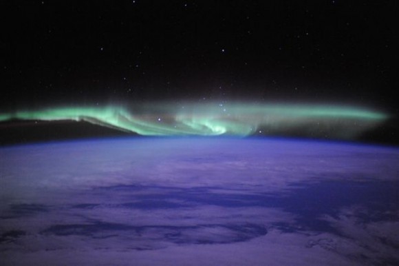 An aurora seen over the South Pole, from the ISS. Credit: Doug Wheelock, NASA.