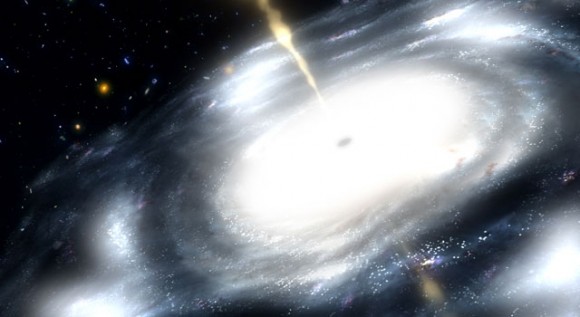 This artist's concept shows a galaxy with a supermassive black hole at its core. The black hole is shooting out jets of radio waves.Image credit: NASA/JPL-Caltech