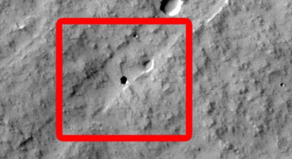 Sixteen seventh-graders at Evergreen Middle School in Cottonwood, Calif., found the Martian pit feature at the center of the superimposed red square in this image. Image Credit: NASA/JPL-Caltech/ASU