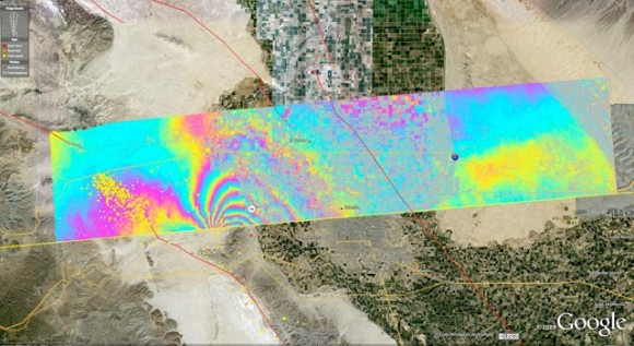 Overview of the UAVSAR interferogram of the magnitude 7.2 Baja California earthquake of April 4, 2010, overlaid atop a Google Earth image of the region. Major fault systems are shown by red lines, while recent aftershocks are denoted by yellow, orange and red dots. Image credit: NASA/JPL/USGS/Google ›
