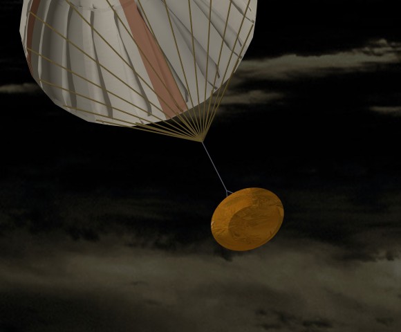 Hayabusa's sample return capsule descends under parachute toward the Woomera desert, Australia. Credit: Corby Waste and Tommy Thompson for NASA / JPL