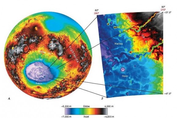 Hellas Planitia extends across about 50° in longitude and more than 20° in latitude. From data from the Mars Orbiter LaserAltimeter (MOLA).