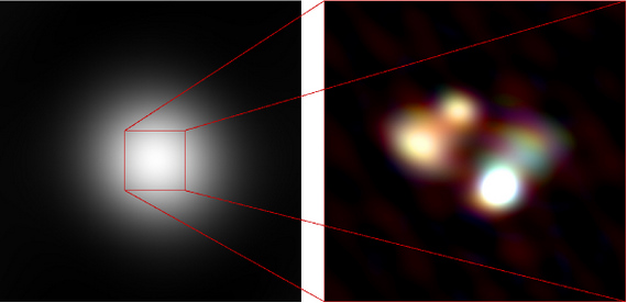 Radio images of the quasar 3C 196 at 4 - 10 m wavelength (30 - 80 MHz frequency). Left: Data from LOFAR stations in the Netherlands only. The resolution is not sufficient to identify any substructure. Right: Blow-up produced with data from the German stations included. The resolution of this image is about ten times better and allows for the first time to distinguish fine details in this wavelength range. The colours are chosen to resemble what the human eye would see if it were sensitive to radiation at a wavelength ten million times larger than visible light. Image: Olaf Wucknitz, Bonn University (Click to enlarge image).