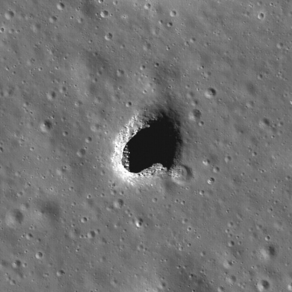 This pit in Mare Ingenii, the 'sea of cleverness' is about 130 meters (427 feet) in diameter! Image width is 550 meters (1,805 feet), illumination is from the upper right, LROC Frame: NAC M128202846LE. Credit: NASA/Goddard/Arizona State University