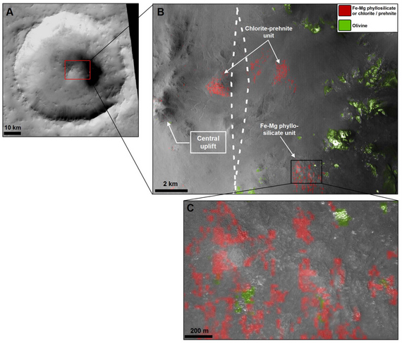 HRSC observation of Kunowsky crater, centered at 350.3°E, 56.8°N. (B) CTX close-up (image B01_009932_2370). CRISM mineral maps from observations FRT0000BAD4 and FRT0000C63C are overlaid in red (smectites or chlorite-prehnite) and green (olivine). The white dashed lines indicate the boundaries of the two adjacent observations. (C) HiRISE close-up (image PSP006860_2370) overlain by CRISM mineral maps. No HiRISE data are available over the chlorite-prehnite unit. Image courtesy of Science/AAAS