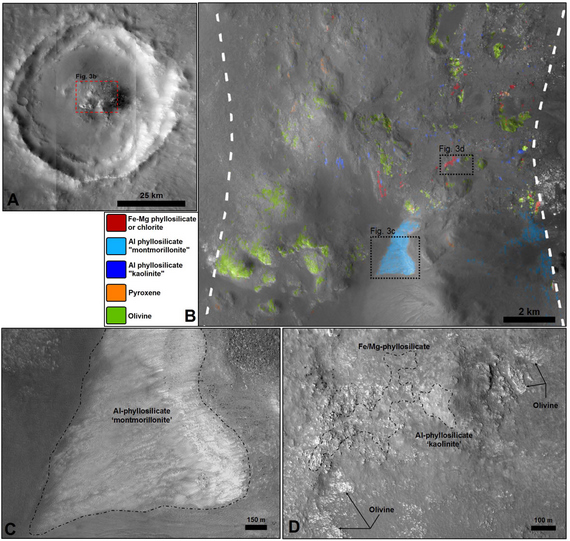 CTX–HRSC mosaic of Stokes crater, centered at 171.35°E, 55.56°N. (B) CTX closeup (image P20_008686_2356). CRISM mineral maps from observation FRT0000ADA4 are overlain in color. The white dashed lines indicate the boundaries of the CRISM observation. (C) HiRISE close-up (image PSP_009332_2360) of the Al-phyllosilicate “montmorillonite”-bearing unit. The sources of the material are the bright outcrops near the scarp summit (right), whereas the light-toned unit (left) is material transported downslope. (D) HiRISE close-up (image PSP_009332_2360) showing outcrops of olivine, Fe/Mg-, and Al-phyllosilicates in close spatial association. Image courtesy of Science/AAAS