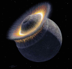 The collision between "Proto-Earth" and Theia, from which the Earth and Moon were created 4,500-4,400 million years ago. Both planets had a massive iron core when they collided and created the Moon and Earth.