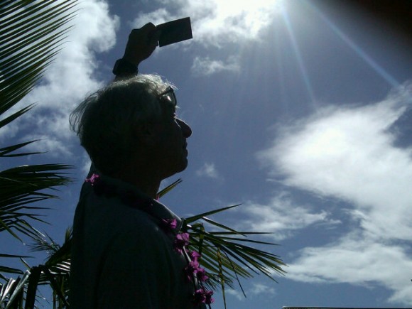 Astronomer Jay Pasachoff viewing the eclipse on Easter Island. Credit: Jonathan Doochin & Michael Doochin