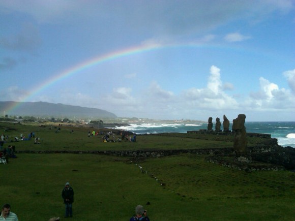 Rainbow over Easter Island before the eclipse. Credit: Jonathan Doochin & Michael Doochin