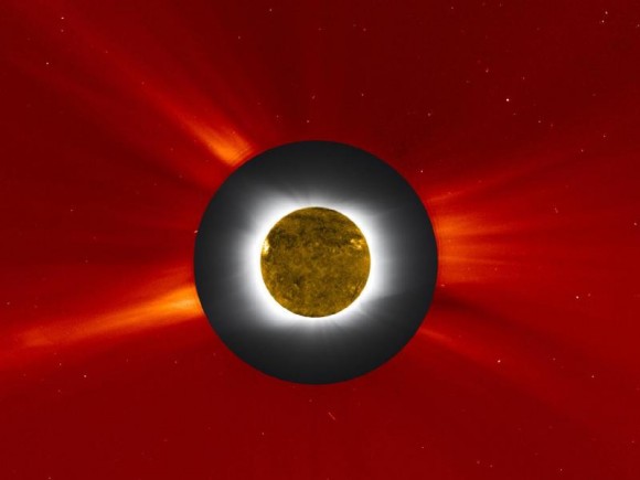 A composite image of SOHO and SDO data, plus an image taken by Jay Pasachoff's team from Williams College at Easter Island. Credits: Williams College Eclipse Expedition -- Jay M. Pasachoff, Muzhou Lu, and Craig Malamut; SOHO’s LASCO image courtesy of NASA/ESA; solar disk image from NASA’s SDO; compositing by Steele Hill, NASA's Goddard Space Flight Center.