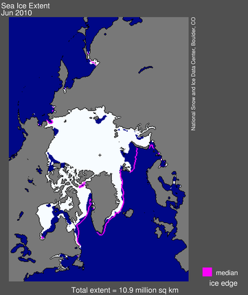 Arctic sea ice extent for June 2010 was 10.87 million square kilometers (4.20 million square miles). Credit: NSIDC
