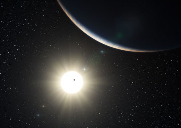 Artists impression shows the planetary system around the Sun-like star HD 10180. Credit: ESO/L. Calçada