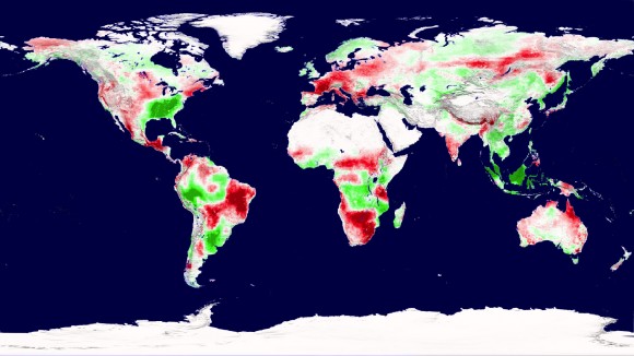 Caption: A snapshot of Earth's plant productivity in 2003 shows regions of increased productivity (green) and decreased productivity (red). Credit: NASA Goddard Space Flight Center Scientific Visualization Studio