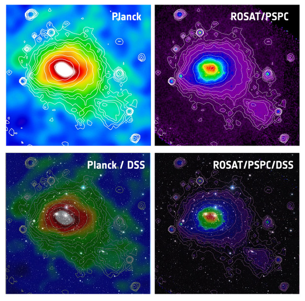 These images of the Coma cluster (also known as Abell 1656), a very hot and nearby cluster of galaxies, show how it appears through the Sunyaev-Zel'dovich Effect (top left) and X-ray emission (top right). Copyright: Planck image: ESA/ LFI & HFI Consortia; ROSAT image: Max-Planck-Institut für extraterrestrische Physik; DSS image: NASA, ESA, and the Digitized Sky Survey 2. Acknowledgment: Davide De Martin (ESA/Hubble)