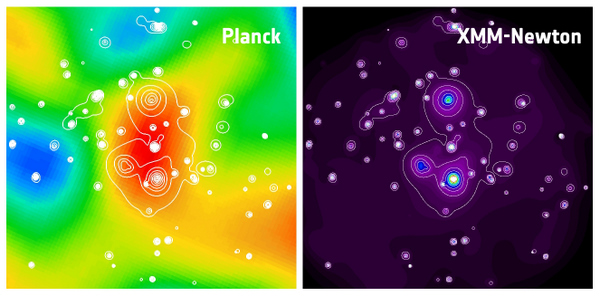 A newly discovered supercluster of galaxies detected by Planck and XMM-Newton. This is the first supercluster to be discovered through its Sunyaev-Zel'dovich Effect. Copyright: Planck image: ESA/LFI & HFI Consortia; XMM-Newton image: ESA