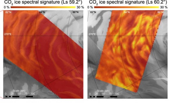 Sudden reappearance of the carbon dioxide ice signature between 'solar longitudes' 59.2 degrees and 60.2 degrees (which corresponds to a time lapse of approximately two Martian days) in the spiral troughs structure of the North polar cap.