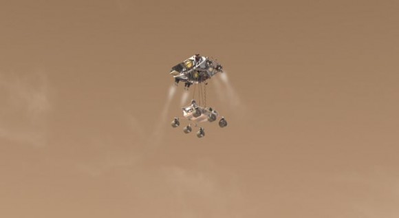 This artist's concept from an animation depicts Curiosity, the rover to be launched in 2011 by NASA's Mars Science Laboratory, as it is being lowered by the mission's rocket-powered descent stage during a critical moment of the "sky crane" landing in 2012. Image Credit: NASA/JPL-Caltech