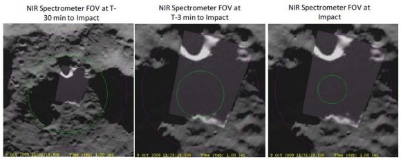 The LCROSS NIR spectrometer field of view (green circle), projected against the target area in the crater Cabeus. Credit: Colaprete, et al.