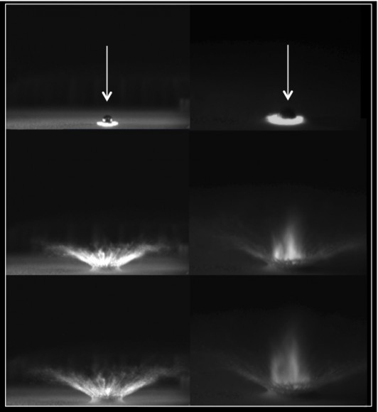 Solid impacts send debris to the side (left), whereas hollow impacts result in a high-angle ejecta plume (right). The LCROSS impact was an emptied rocket and acted like a hollow projectile. Figure shows parts of a high-speed image sequence from experiments made at the Ames Vertical Gun Range at NASA's Ames Research Center, Moffett Field, Calif. Image credit: Brown University/Peter H. Schultz and Brendan Hermalyn, NASA/Ames Vertical Gun Range.
