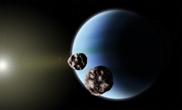 Illustration of a primordial Kuiper Belt binary during a close approach with the planet Neptune, similar to the encounters studied by Parker and Kavelaars. Credit: University of Victoria