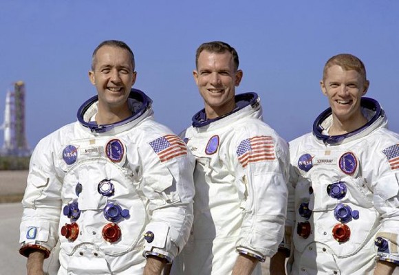 The crew of Apollo 9: Commander James McDivitt, Command Module Pilot Dave Scott and Lunar Module Pilot Rusty Schweickart. Credit: NASA