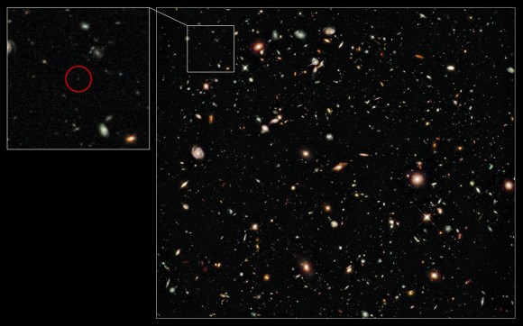 The infrared Hubble Ultra Deep Field taken by the NASA/ESA Hubble Space Telescope in 2009, and UDFy-38135539 --the faint object shown in the excerpt on the left -- which we see as it was when the Universe was only about 600 million years old. Credit: NASA, ESA, G. Illingworth (UCO/Lick Observatory and University of California, Santa Cruz) and the HUDF09 Team