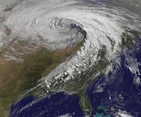 Visible satellite image of the October 26, 2010 superstorm taken at 5:32pm EDT. Image credit: NASA/GSFC.