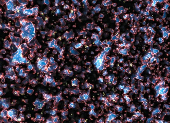 A simulation of galaxies during the era of deionization in the early Universe. Credit: M. Alvarez, R. Kaehler, and T. Abel