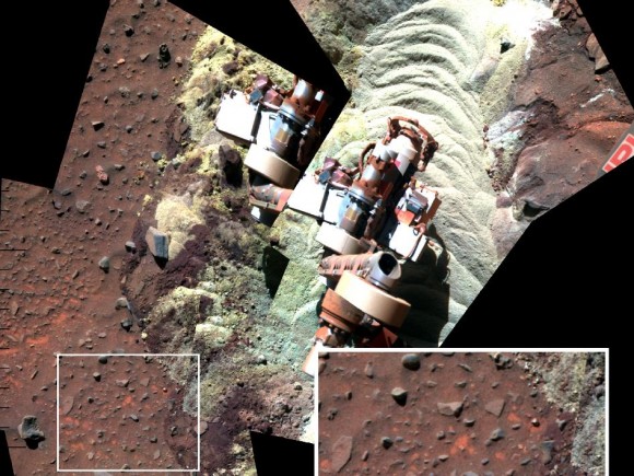 A mosaic of images shows the soil in front of the Mars Exploration Rover Spirit. Bright-toned soil was freshly exposed by the rover's left-front wheel. The inset show a magnified view of the nearby rectangles within the mosaic, showing the differences between undisturbed and disturbed soil. Credit: NASA/JPL-Caltech/Cornell University