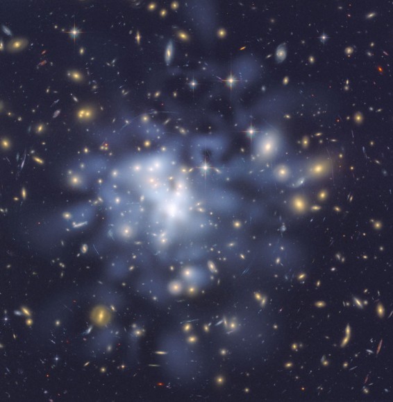 This NASA Hubble Space Telescope image shows the distribution of dark matter in the center of the giant galaxy cluster Abell 1689, containing about 1,000 galaxies and trillions of stars. Credit: NASA, ESA, D. Coe (NASA Jet Propulsion Laboratory/California Institute of Technology, and Space Telescope Science Institute), N. Benitez (Institute of Astrophysics of Andalusia, Spain), T. Broadhurst (University of the Basque Country, Spain), and H. Ford (Johns Hopkins University)