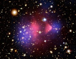 Dark matter in the Bullet Cluster. Otherwise invisible to telescopic views, the dark matter was mapped by observations of gravitational lensing of background galaxies. Credit: X-ray: NASA/CXC/CfA/ M.Markevitch et al.; Lensing Map: NASA/STScI; ESO WFI; Magellan/U.Arizona/ D.Clowe et al. Optical: NASA/STScI; Magellan/U.Arizona/D.Clowe et al.;