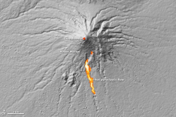 The Advanced Spaceborne Thermal Emission and Reflection Radiometer (ASTER) on NASA’s Terra satellite captured the thermal signature of hot ash and rock and a glowing lava dome on Mount Merapi on Nov. 1, 2010. Credit: NASA.