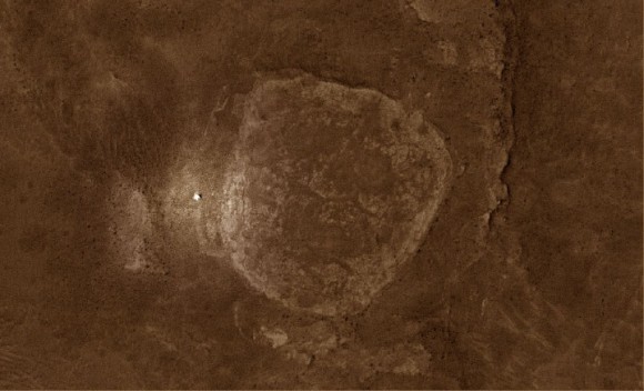 The Spirit rover, as seen by the HiRISE camera on the Mars Reconnaissance Orbiter. Credit: NASA, image enhanced by Stu Atkinson.