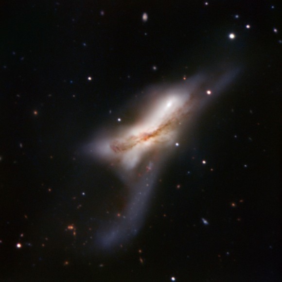 NGC 520 — also known as Arp 157 -- is actually a mashup of two gigantic galaxies. Credit: ESO