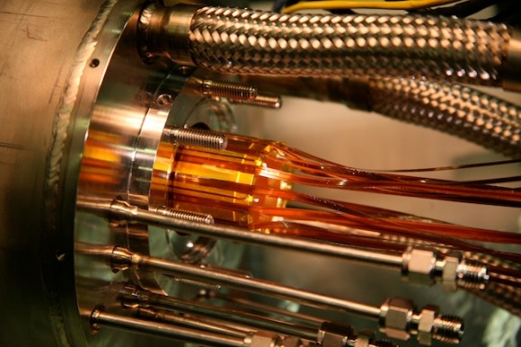 The electrodes (gold) of the trap used to combine positrons and antiprotons to form antihydrogen.N. MADSEN, ALPHA/SWANSEA