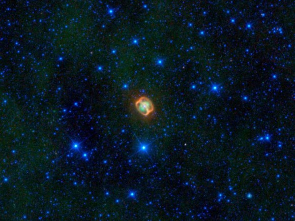 NGC 1514, sometimes called the 'Crystal Ball' nebula shows a new double ring feature in an image from WISE. Image credit: NASA/JPL-Caltech/UCLA