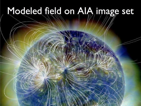 The solar corona, as observed by SDO’s AIA, for temperatures from 1 million degrees (blue), through 1.5 million (green), and 2 million (red), on 2010/08/01. This image serves as a background for magnetic field lines emerged onto the Sun. The locations of the major changes coincide with major solar activity on August 1, 2010. Credit: NASA, Lockheed Martin’s Solar and Astrophysics Laboratory.