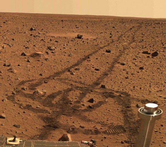 These tracks made by the Spirit rover early in the mission are certainly not there anymore. Credit: NASA/JPL/Cornell University