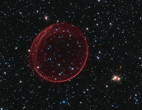 SNR 0509 is the visible remnant of a powerful stellar explosion in the Large Magellanic Cloud. Credit: NASA, ESA, and the Hubble Heritage Team (STScI/AURA). Acknowledgement: J. Hughes (Rutgers University)