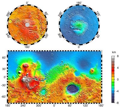 Maps of Mars' global topography.