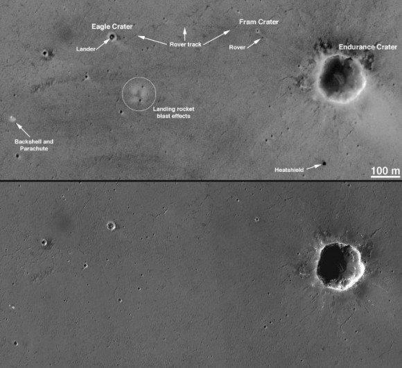 This pair of images documents the erasure of rover tracks and rocket blasts at Opportunity’s landing site in Meridiani Planum over a period of more than a Martian year. Faint tracks leading from Eagle crater to Fram crater are pointed out in Figure 8 (top), acquired in April 2004. These tracks, and the conspicuous bright patches left by the landing rocket blasts, were largely absent from the early HiRISE image, Figure 8 (bottom) acquired November 2006). Remnant tracks were preserved at Fram crater (Figure 10). Image: NASA/JPL/Malin Space Science Systems/University of Arizona/JGR