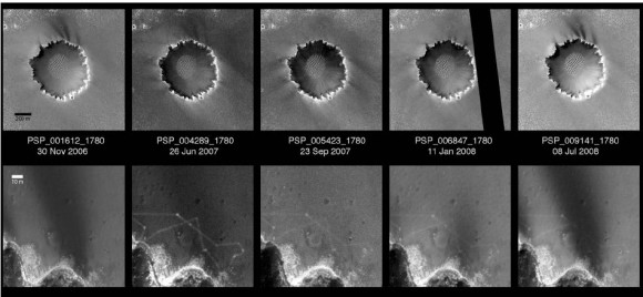 This sequence of images documents the appearance and disappearance of Opportunity’s tracks around Victoria Crater before and after the global duststorm of July 2007 and through 2009. Credit: NASA/JPL/University of Arizona, courtesy of Geissler, et al/JGU