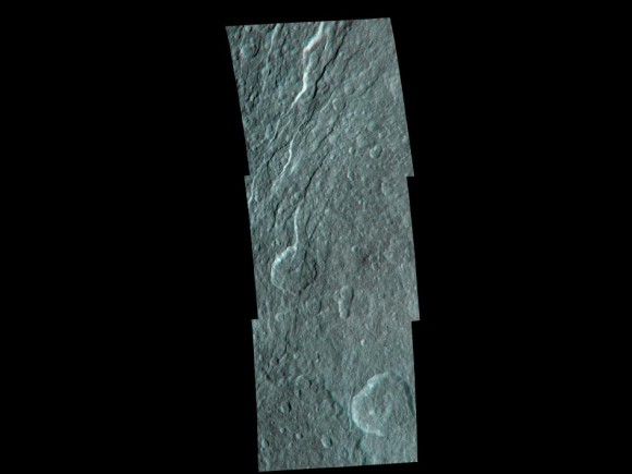 Wispy fractures cut through cratered terrain on Saturn's moon Rhea in this high resolution, 3-D image from NASA's Cassini spacecraft. The image shows a level of detail not seen previously. Image Credit: NASA/JPL/SSI