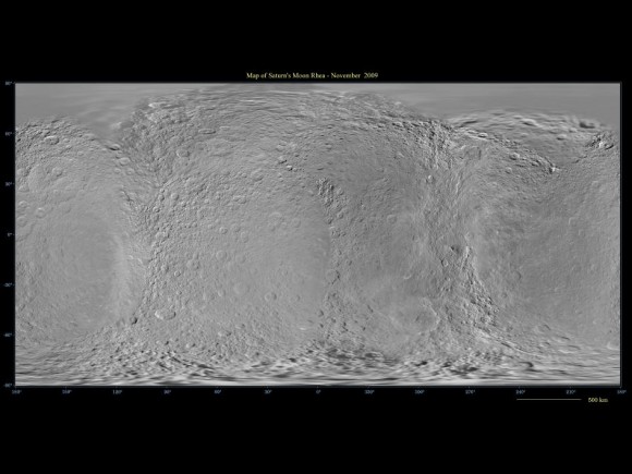 This global digital map of Saturn's moon Rhea was created using data obtained by NASA's Cassini and Voyager spacecraft. Image Credit: NASA/JPL/SSI