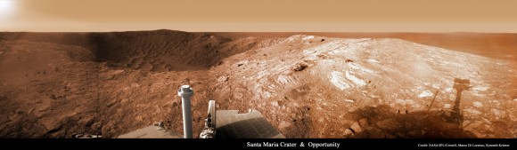 Opportunity at Santa Maria Crater Credit: Mars Exploration Rover Mission, NASA, JPL, Cornell; Image Processing: Marco Di Lorenzo, Kenneth Kremer
