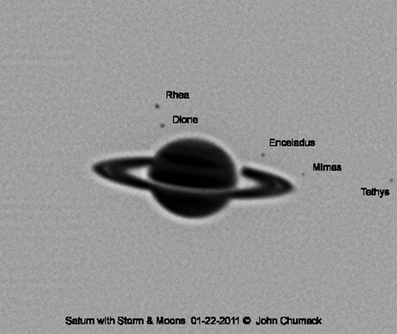Saturn with Storm & 5 moons 1-22-2011