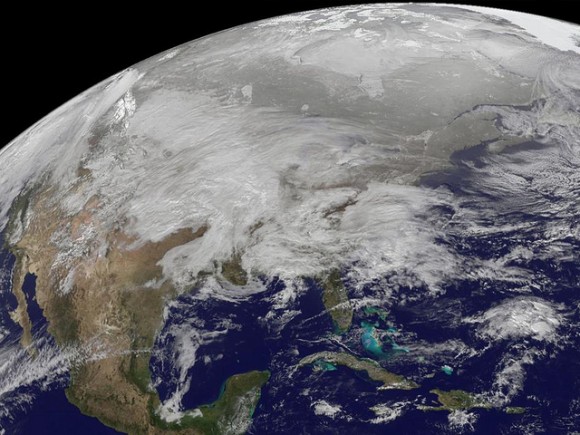 The GOES-13 satellite captured this image on Jan. 31, 2011 of a major winter storm covering a large portion of the US. Image Credit: NOAA/NASA GOES Project